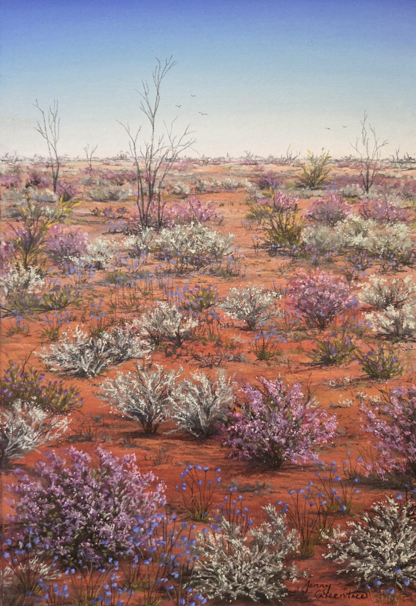 Sand Sage and Firebush with Blue Cornflowers unframed